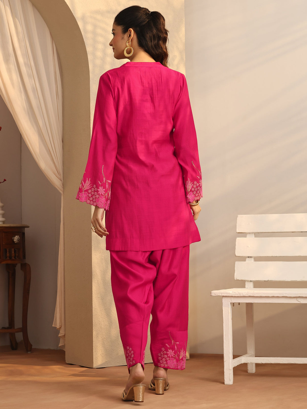 Libas Pink Embroidered Silk Blend Co-Ord Sets