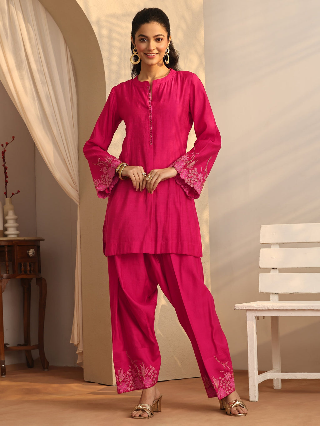 Libas Pink Embroidered Silk Blend Co-Ord Sets