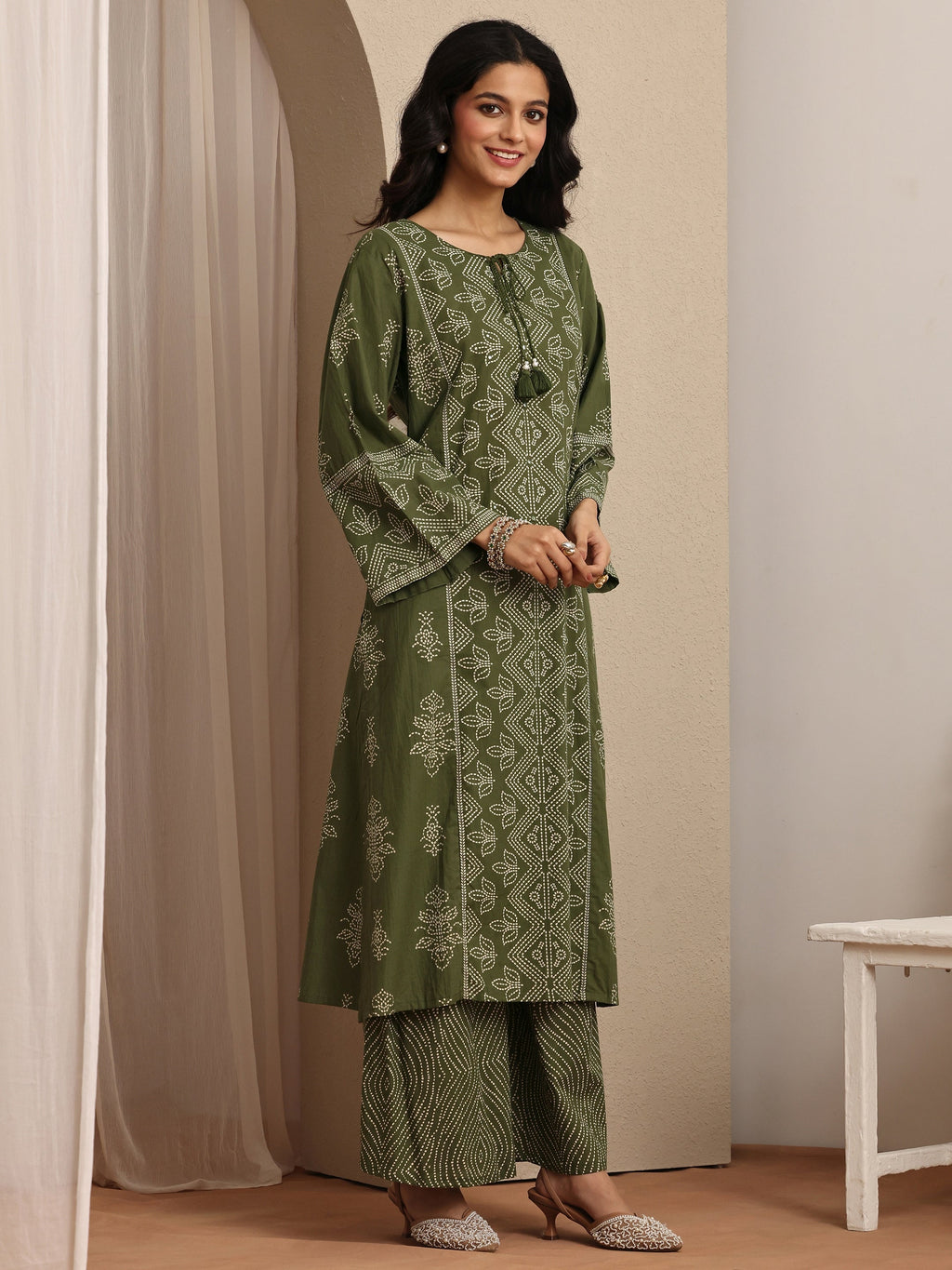 Libas Olive Printed Cotton Straight Suit Set With Dupatta