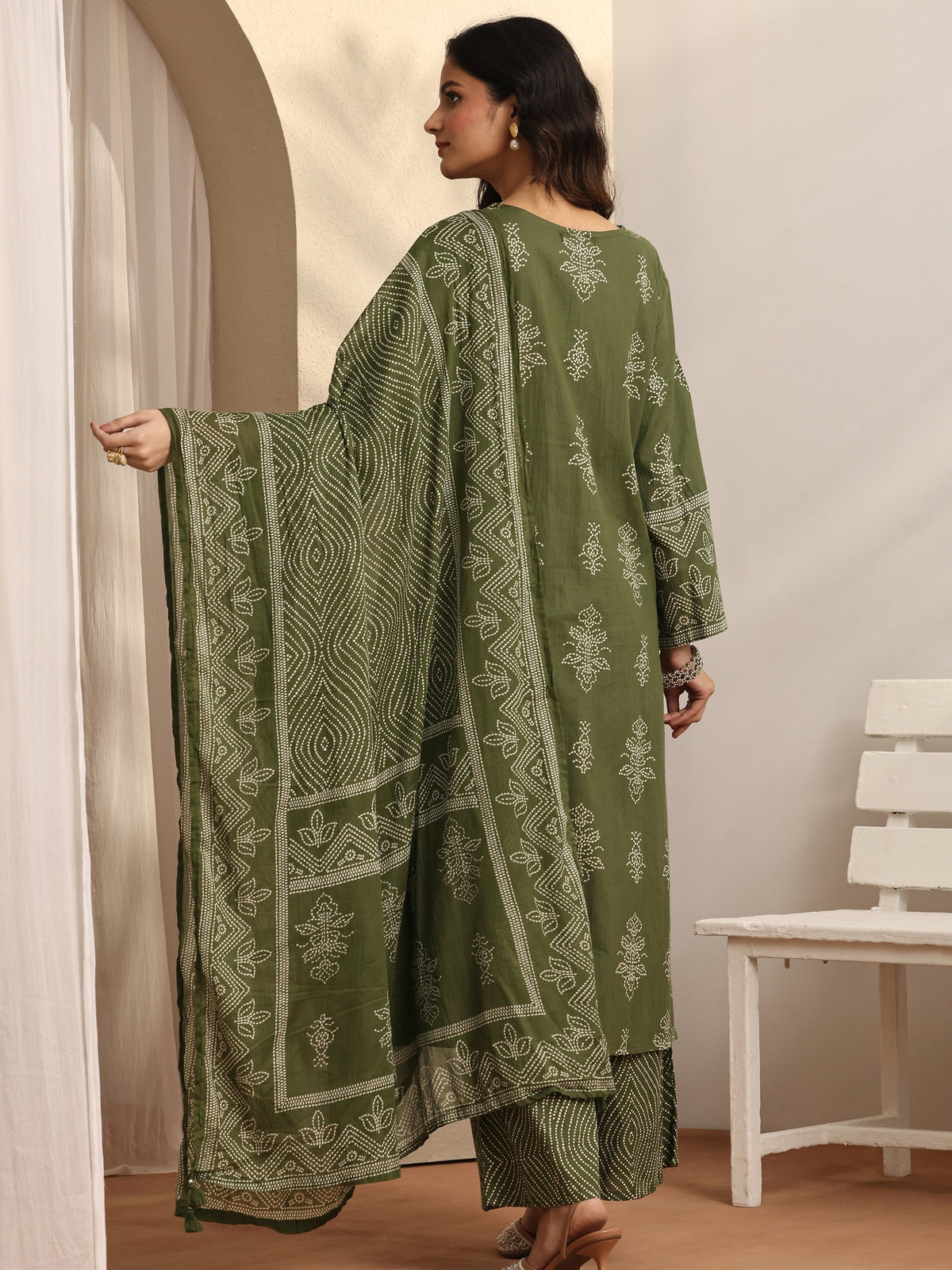 Libas Olive Printed Cotton Straight Suit Set With Dupatta