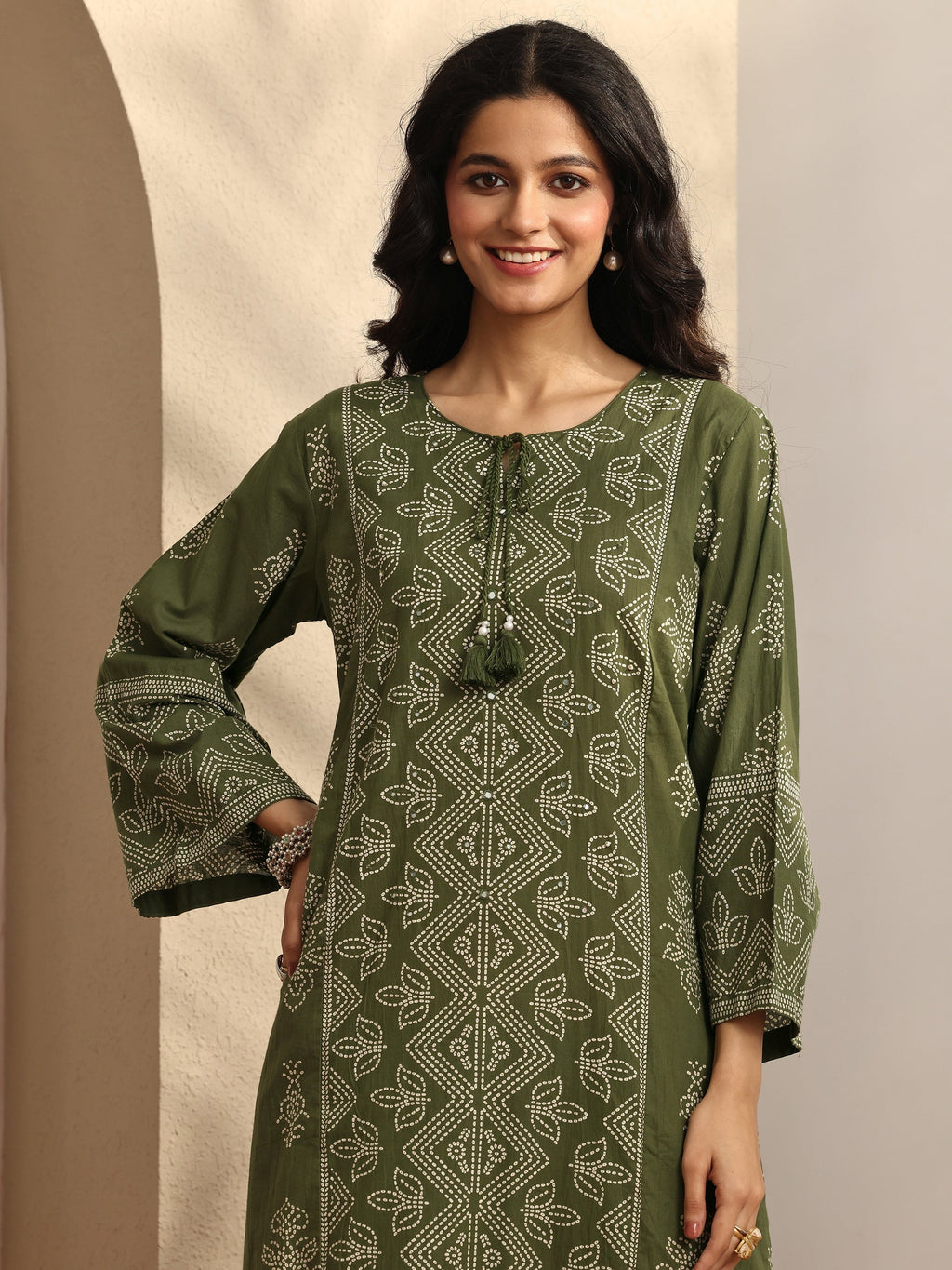 Libas Olive Printed Cotton Straight Suit Set With Dupatta