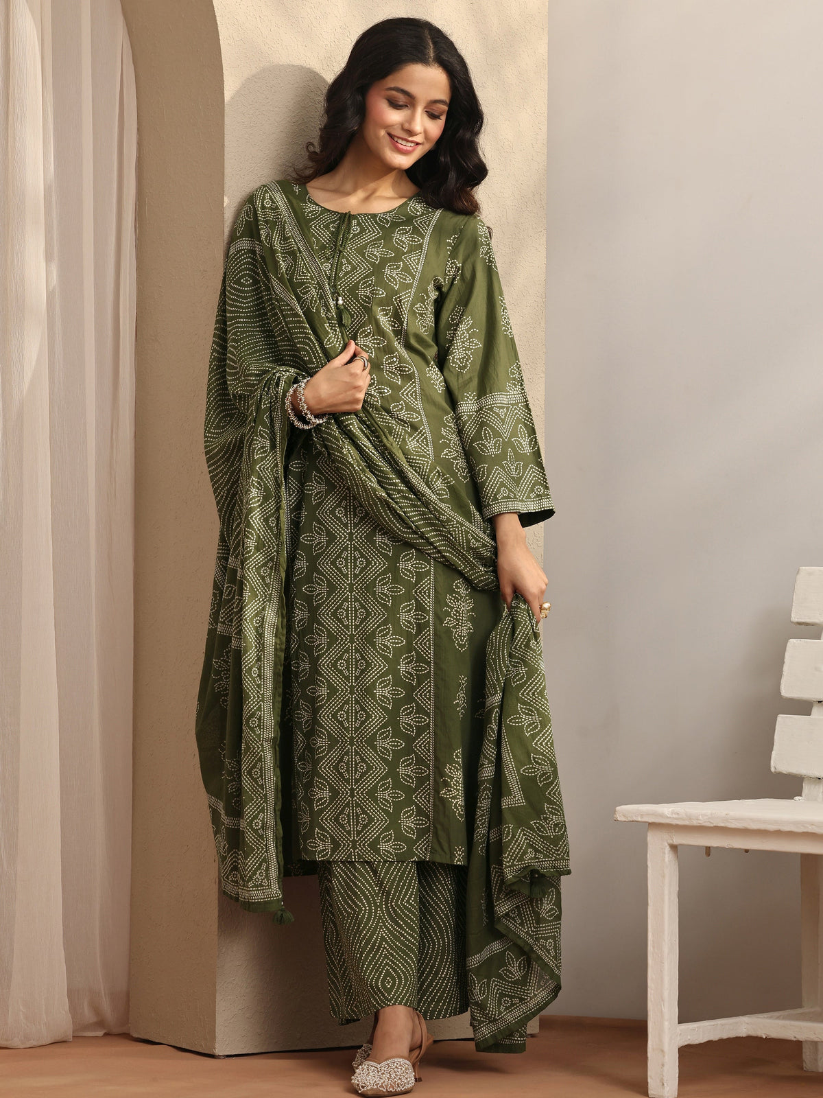 Libas Olive Printed Cotton Straight Suit Set With Dupatta