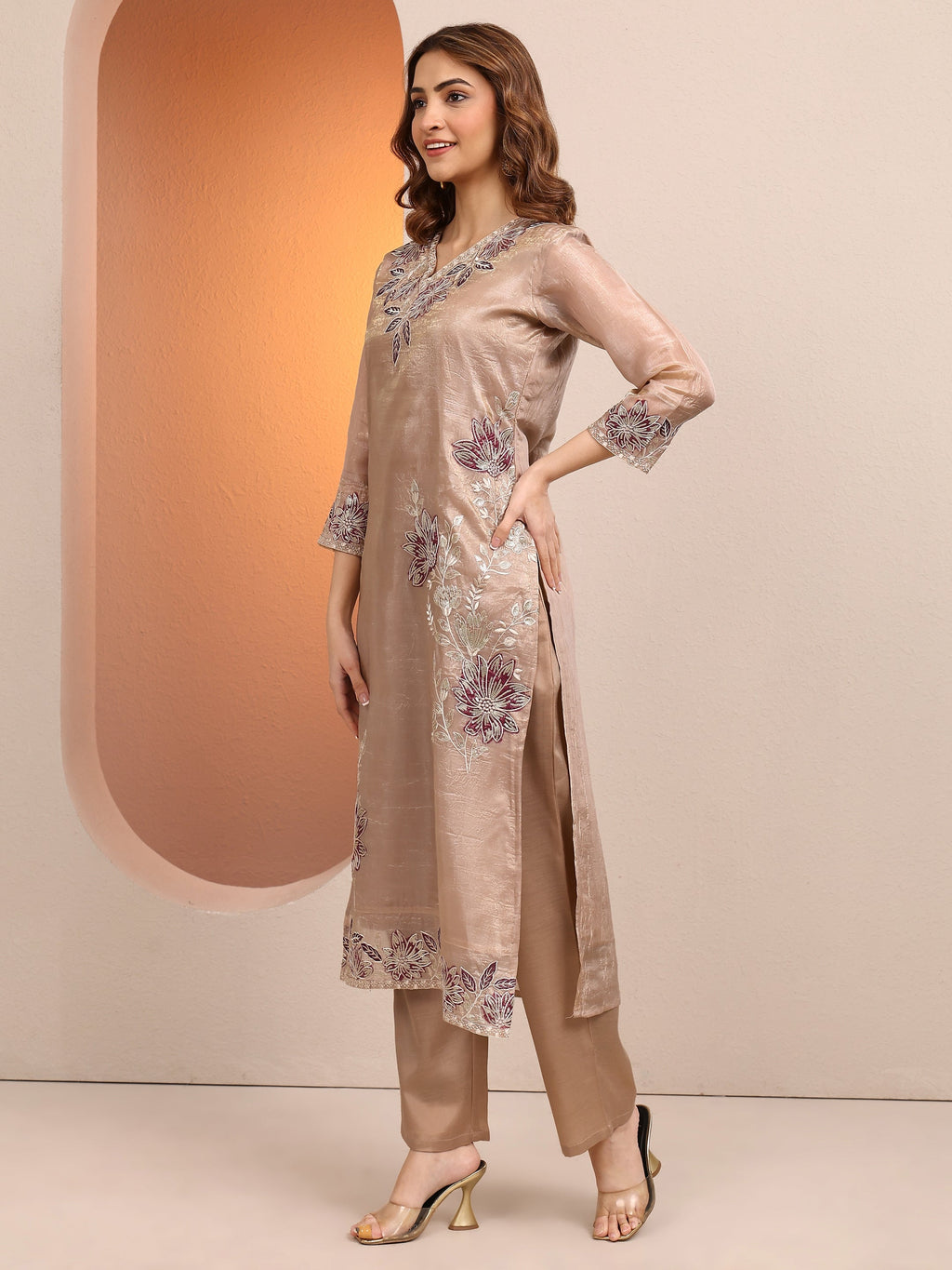 Libas Beige Embroidered Organza Straight Suit Set With Dupatta