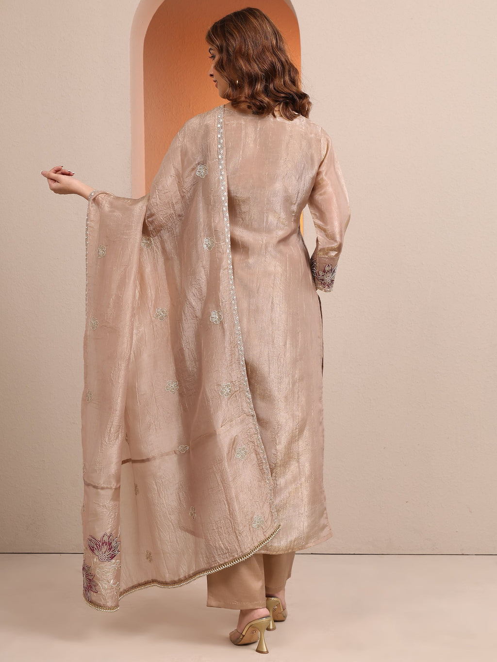 Libas Beige Embroidered Organza Straight Suit Set With Dupatta