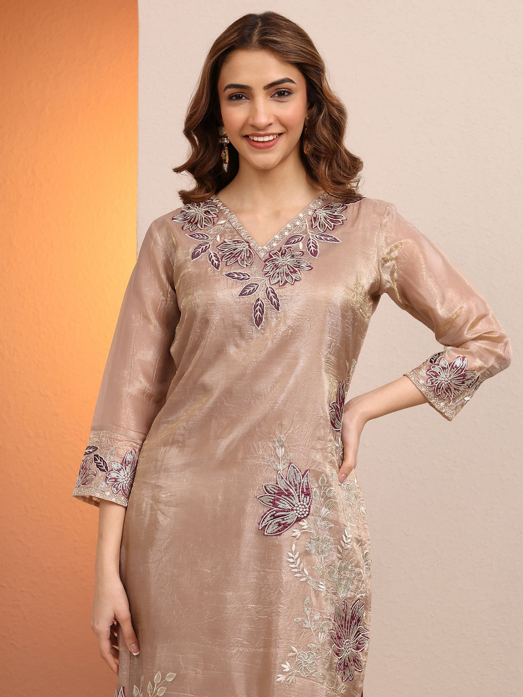 Libas Beige Embroidered Organza Straight Suit Set With Dupatta