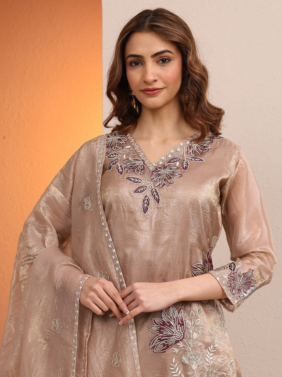 Libas Beige Embroidered Organza Straight Suit Set With Dupatta