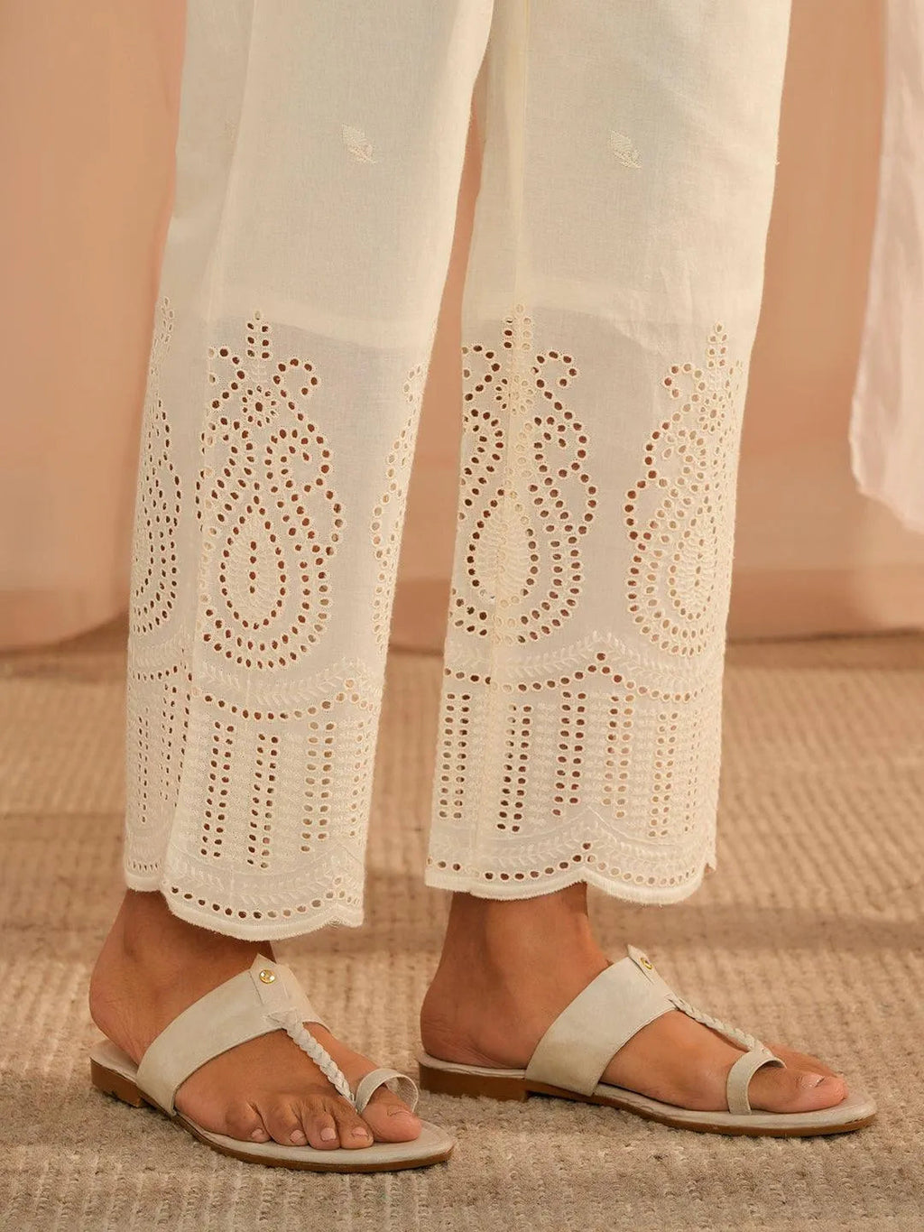 Libas Off White Embroidered Cotton Straight Fit Palazzos