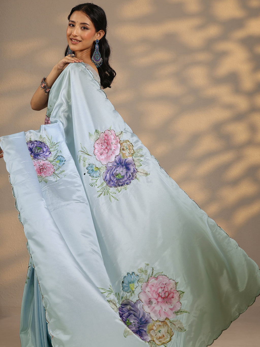Libas Blue Printed Silk Blend Saree With Unstitched Blouse Piece