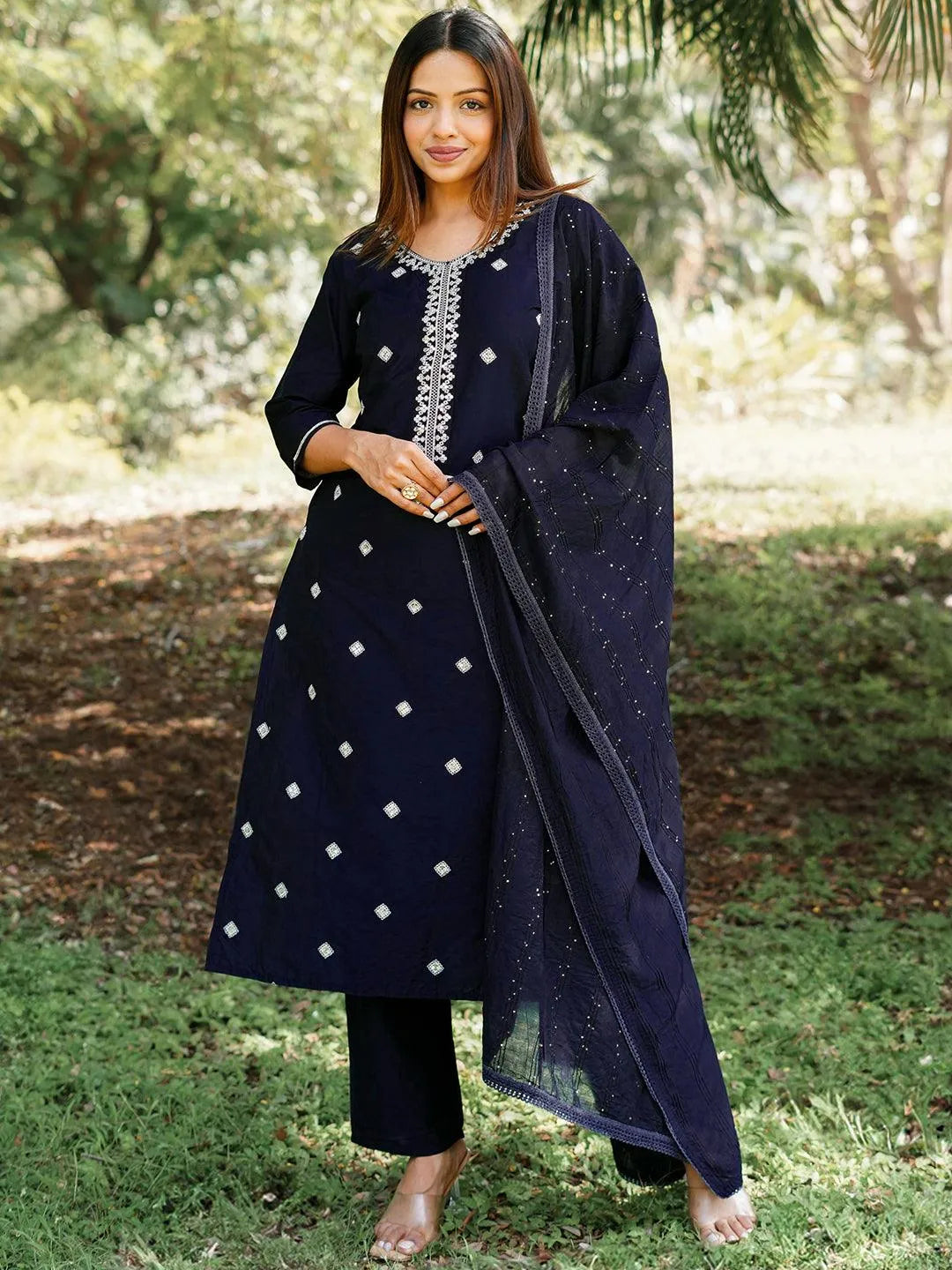 Gerua Blue Yoke Design Silk Blend Straight Suit With Dupatta