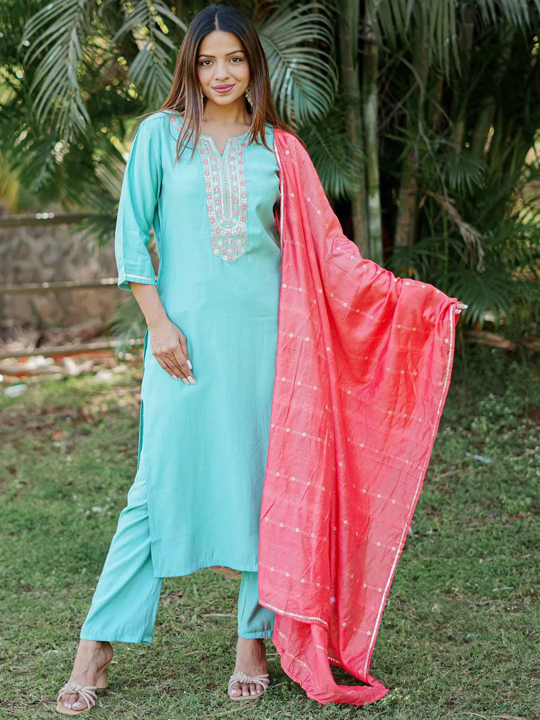 Gerua Blue Yoke Design Silk Blend Straight Suit With Dupatta