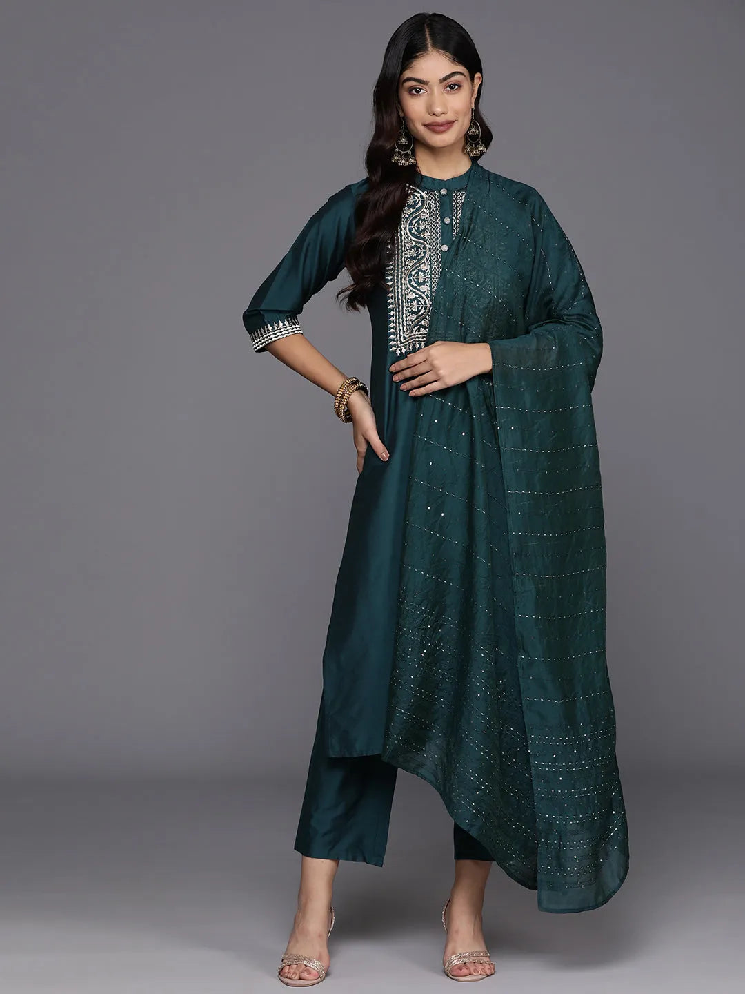 Gerua Blue Yoke Design Silk Blend Straight Suit With Dupatta