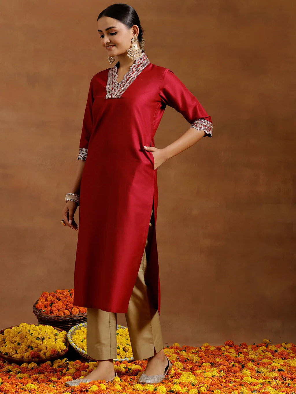 Gerua Maroon Embroidered Silk Straight Kurta