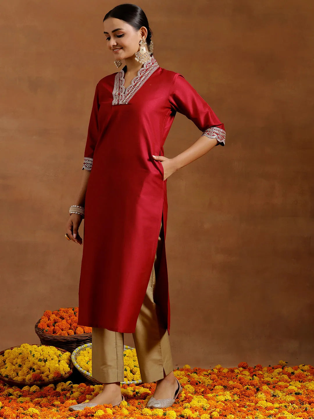 Gerua Maroon Embroidered Silk Straight Kurta