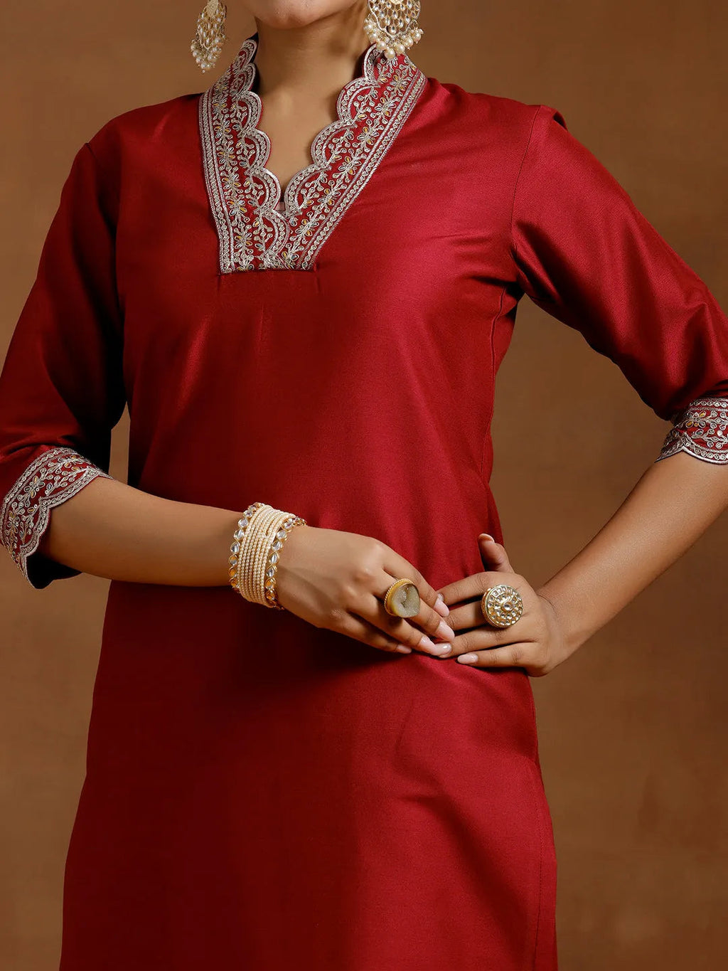 Gerua Maroon Embroidered Silk Straight Kurta