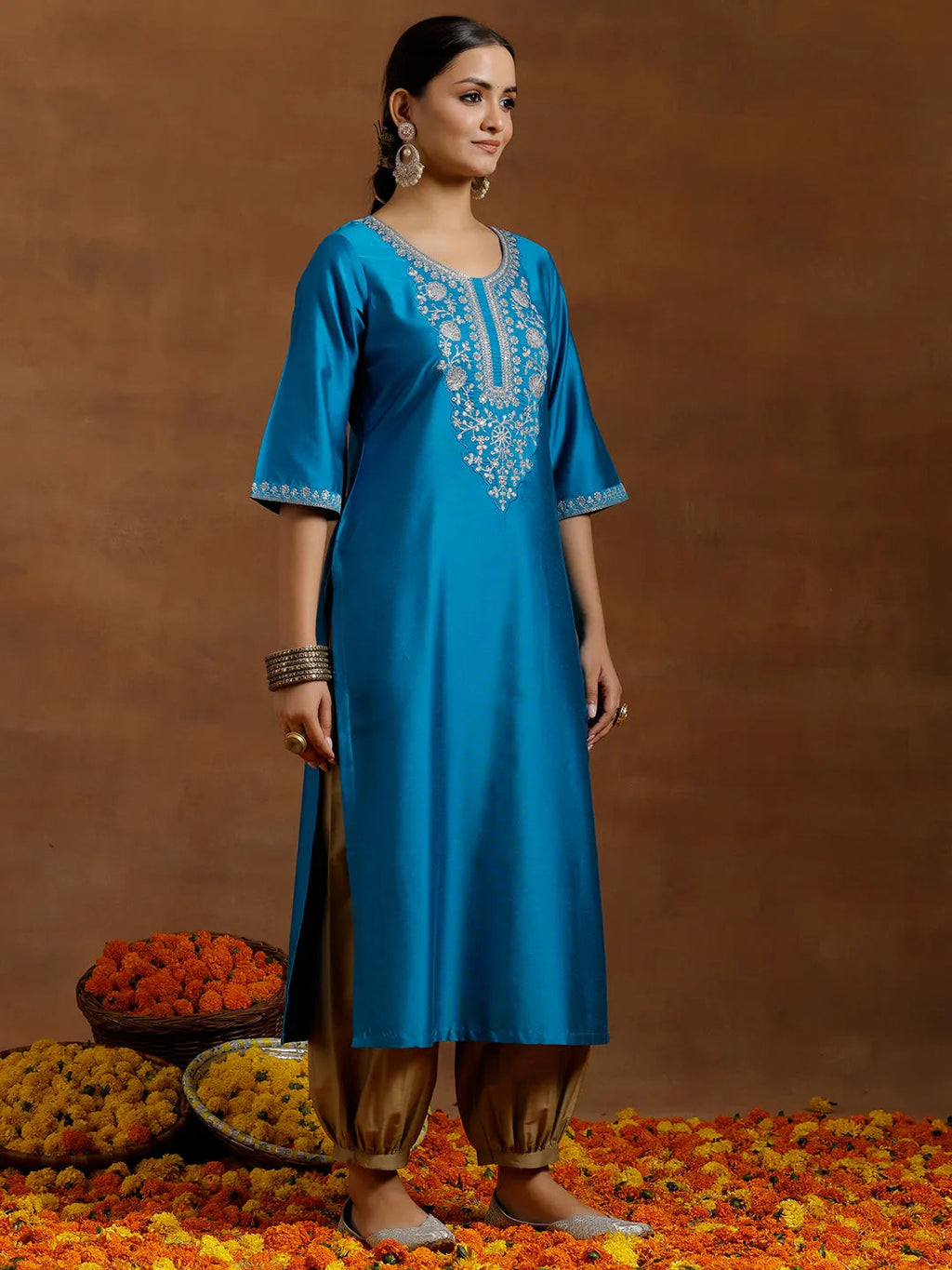 Gerua Blue Embroidered Silk Straight Kurta