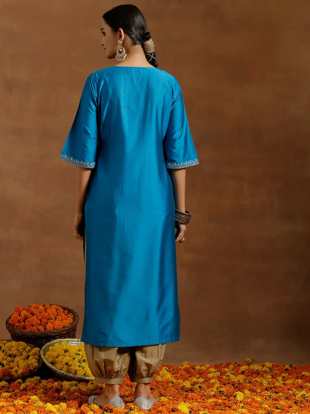 Gerua Blue Embroidered Silk Straight Kurta