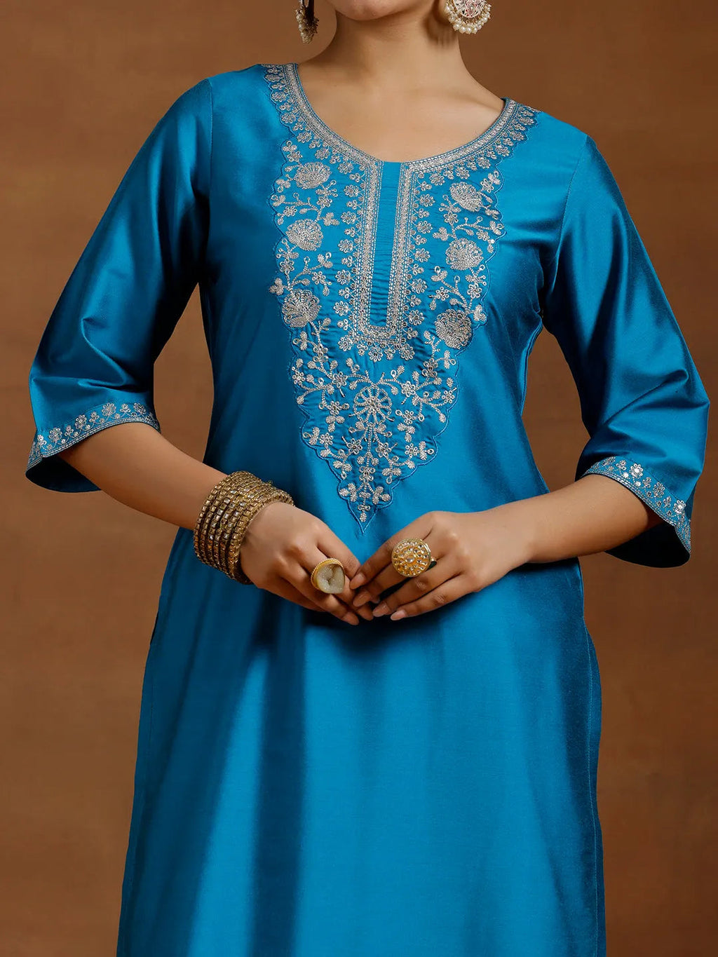 Gerua Blue Embroidered Silk Straight Kurta