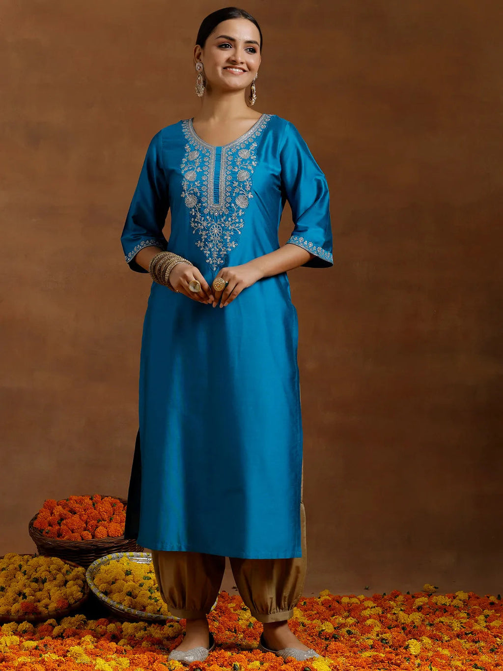 Gerua Blue Embroidered Silk Straight Kurta