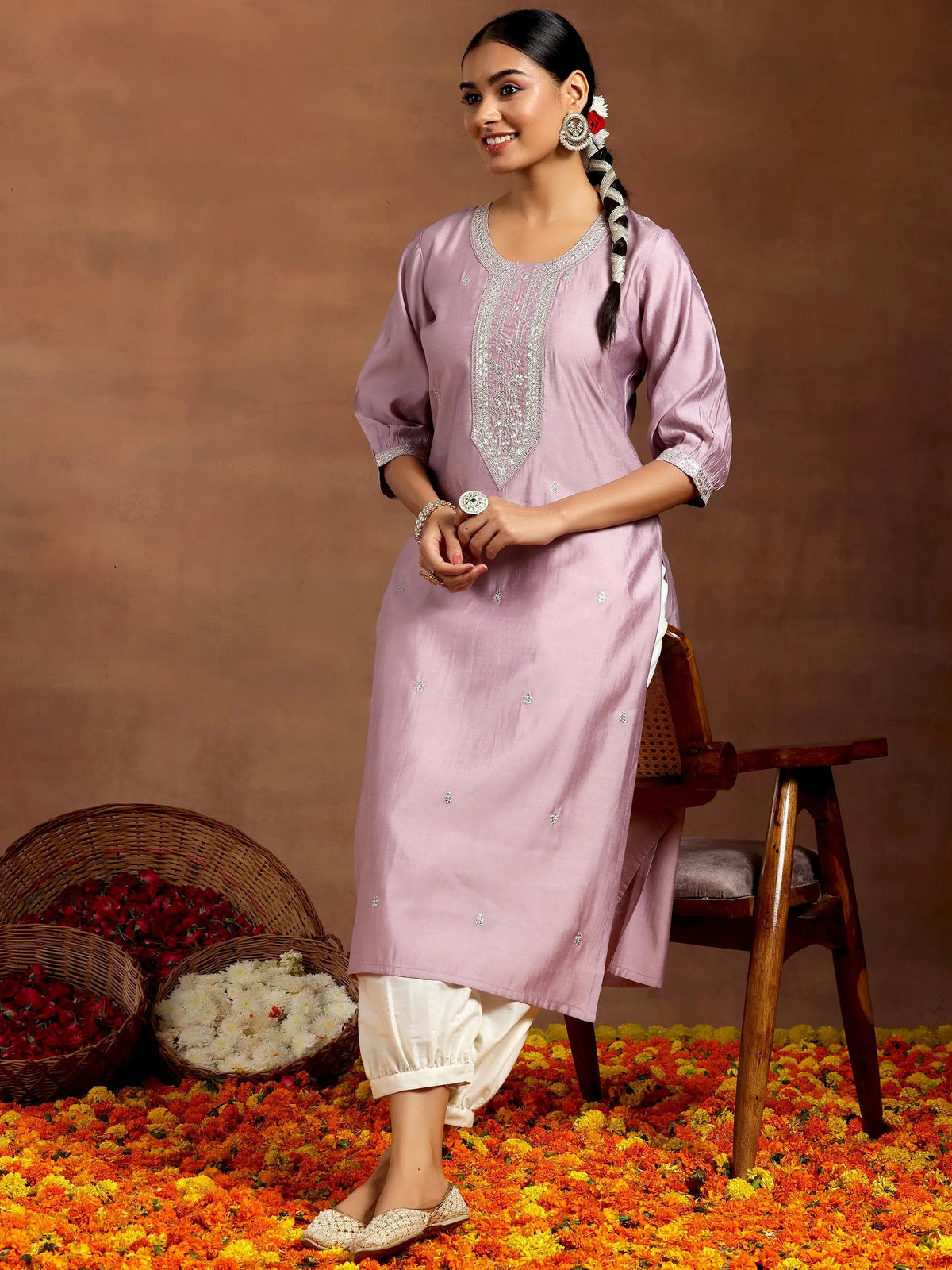 Gerua Purple Embroidered Silk Straight Kurta
