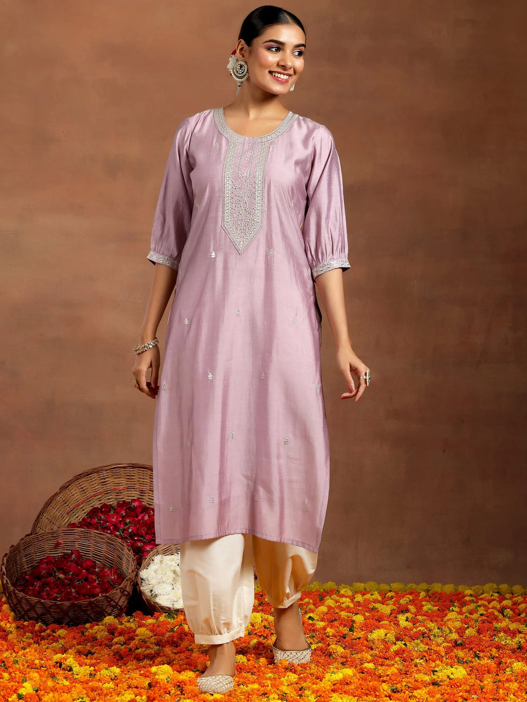 Gerua Purple Embroidered Silk Straight Kurta