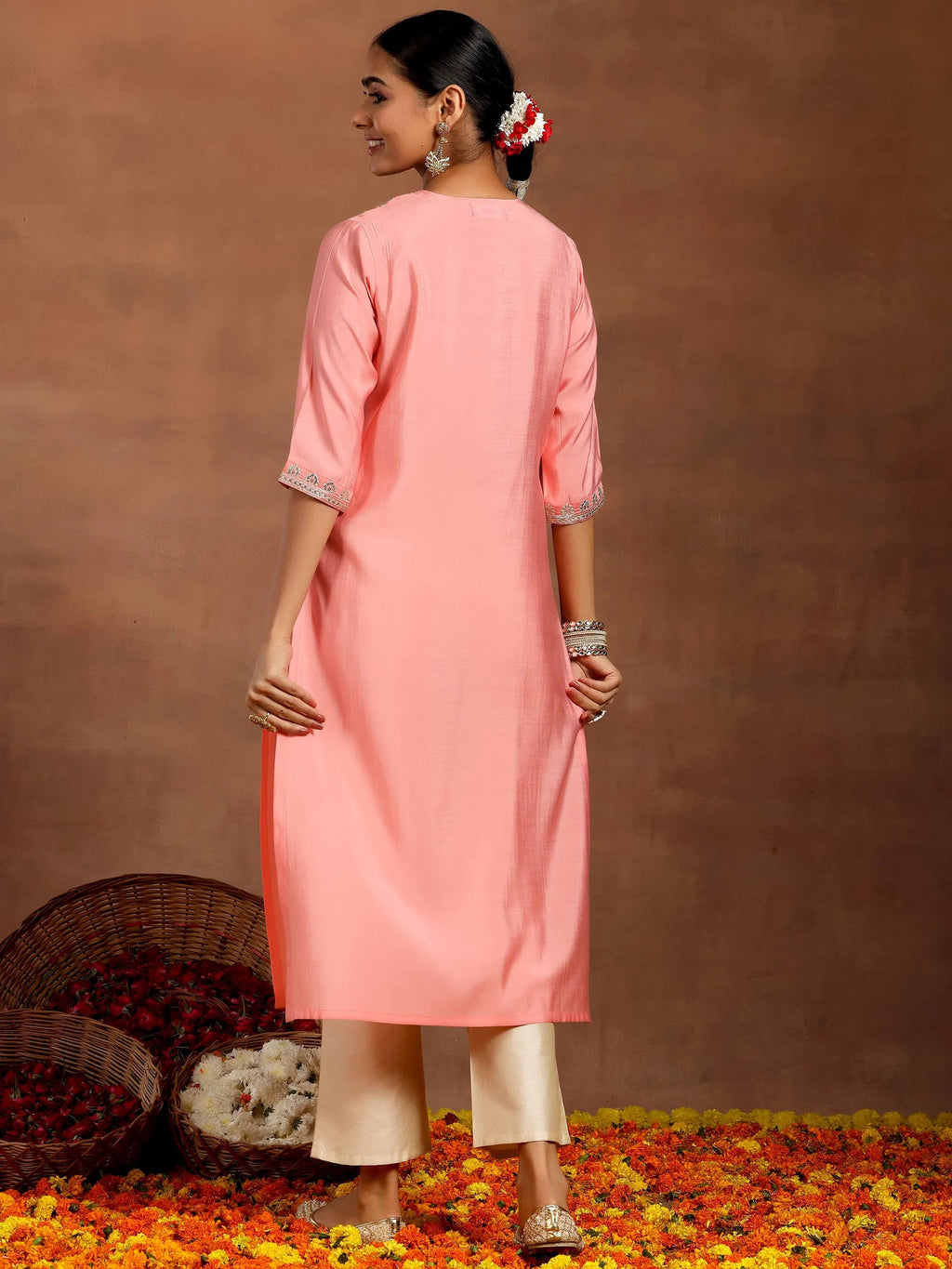 Gerua Peach Yoke Design Silk Straight Kurta