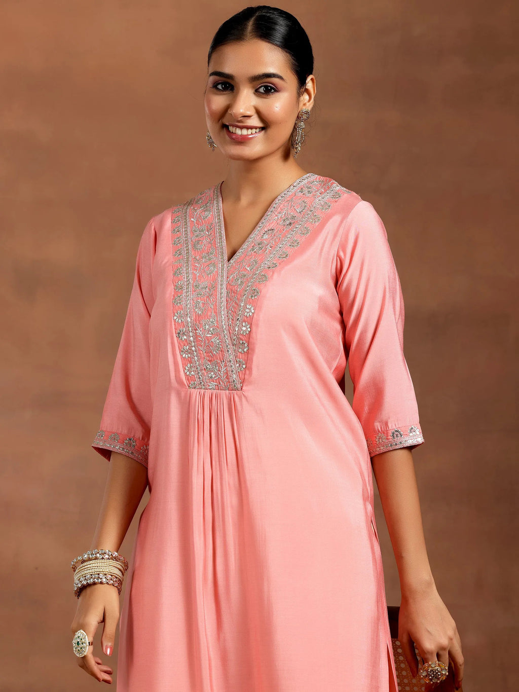 Gerua Peach Yoke Design Silk Straight Kurta