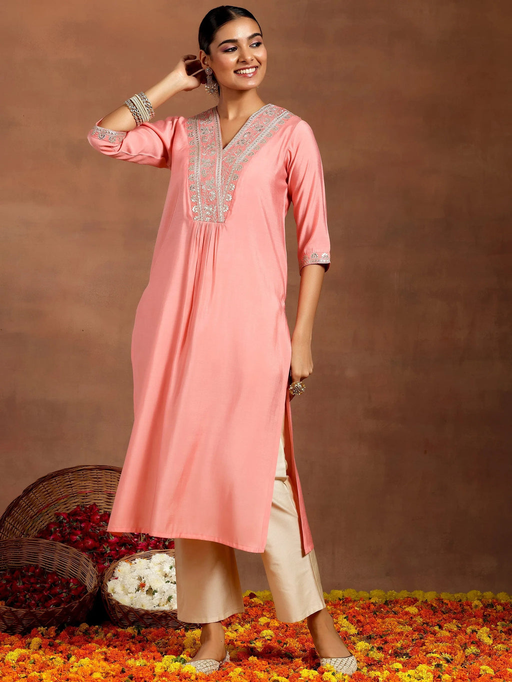 Gerua Peach Yoke Design Silk Straight Kurta