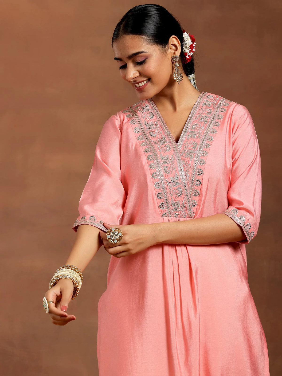 Gerua Peach Yoke Design Silk Straight Kurta