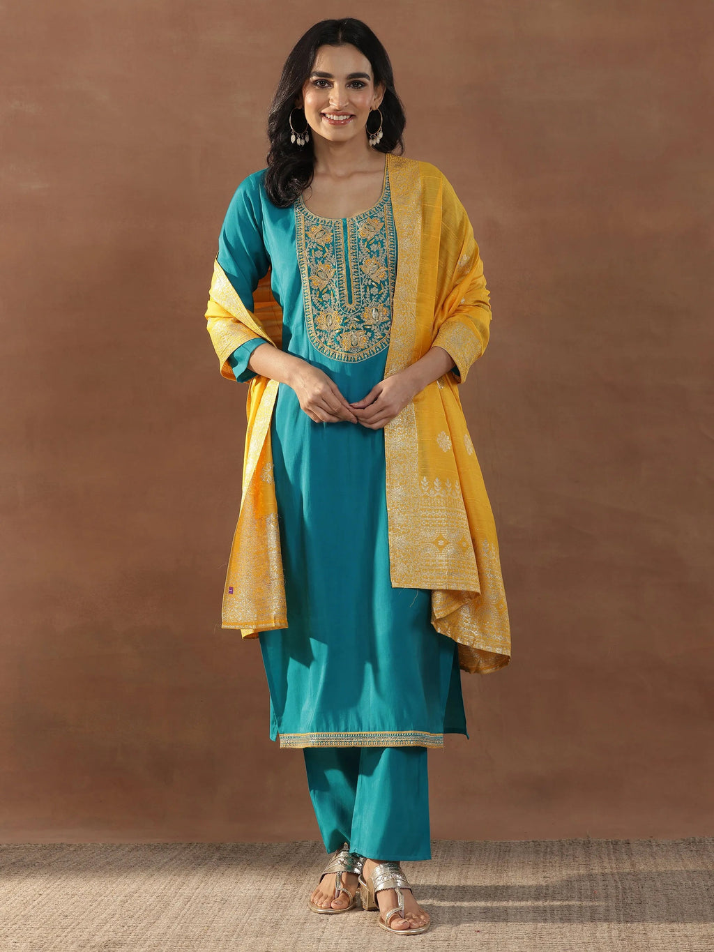 Gerua Green Yoke Design Silk Blend Straight Suit Set With Dupatta