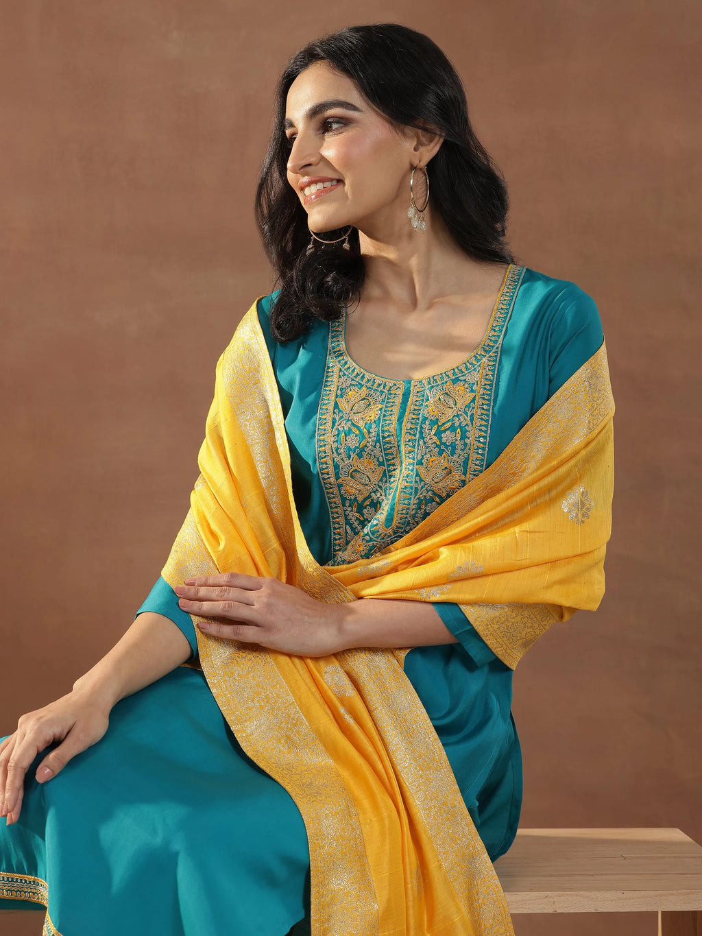Gerua Green Yoke Design Silk Blend Straight Suit Set With Dupatta