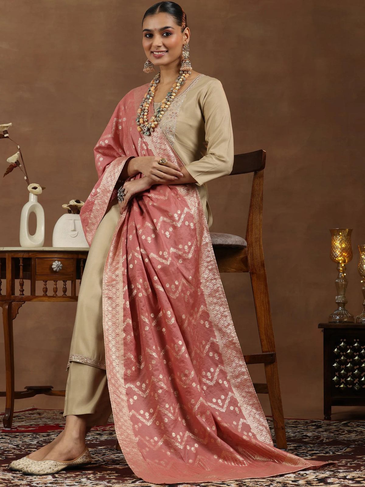 Gerua Beige Yoke Design Silk Blend Straight Suit With Dupatta