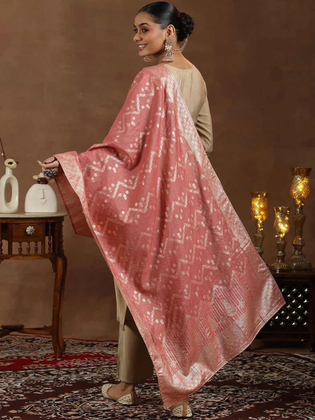 Gerua Beige Yoke Design Silk Blend Straight Suit With Dupatta