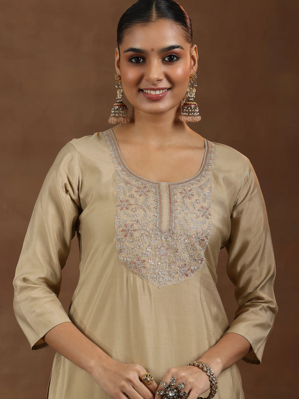 Gerua Beige Yoke Design Silk Blend Straight Suit With Dupatta