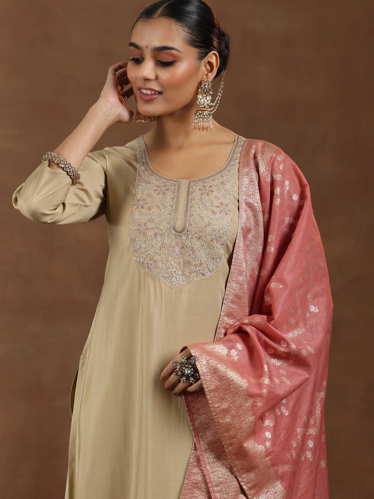 Gerua Beige Yoke Design Silk Blend Straight Suit With Dupatta