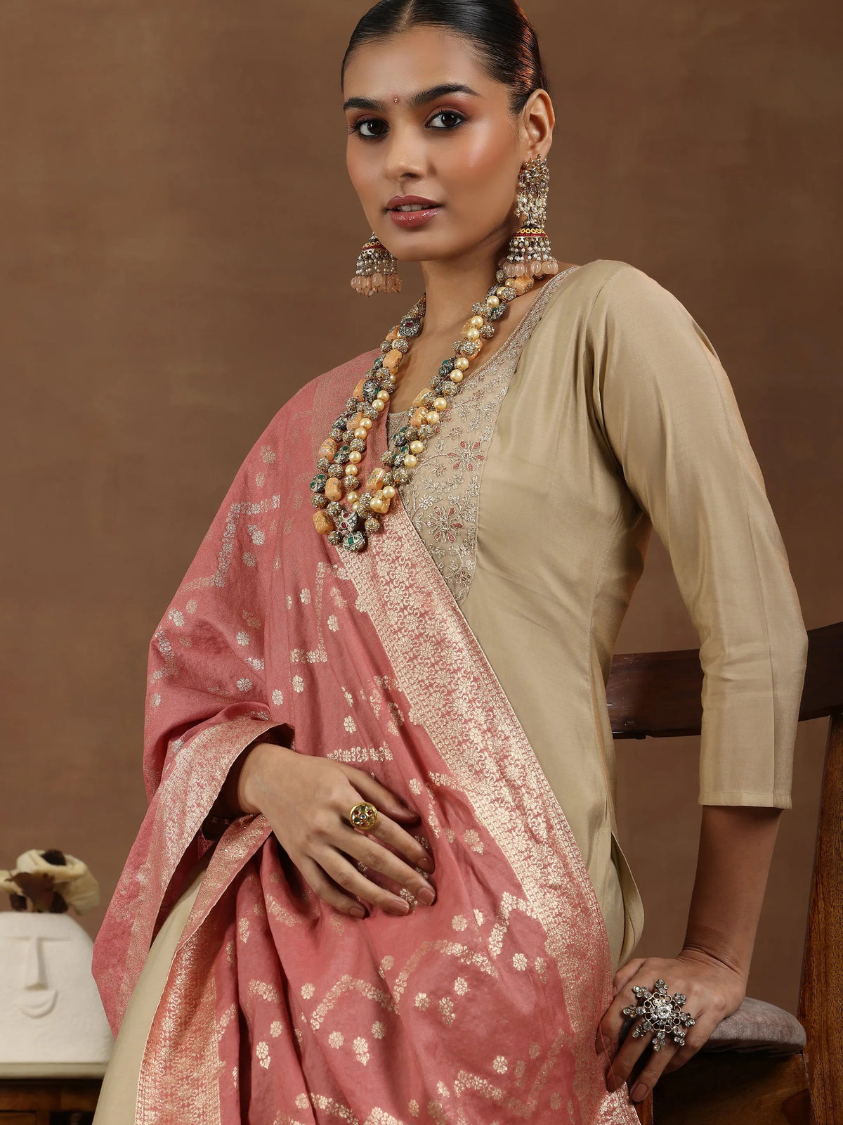 Gerua Beige Yoke Design Silk Blend Straight Suit With Dupatta