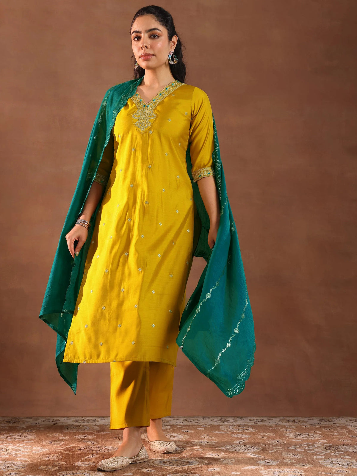Gerua Mustard Embroidered Silk Blend Straight Suit With Dupatta