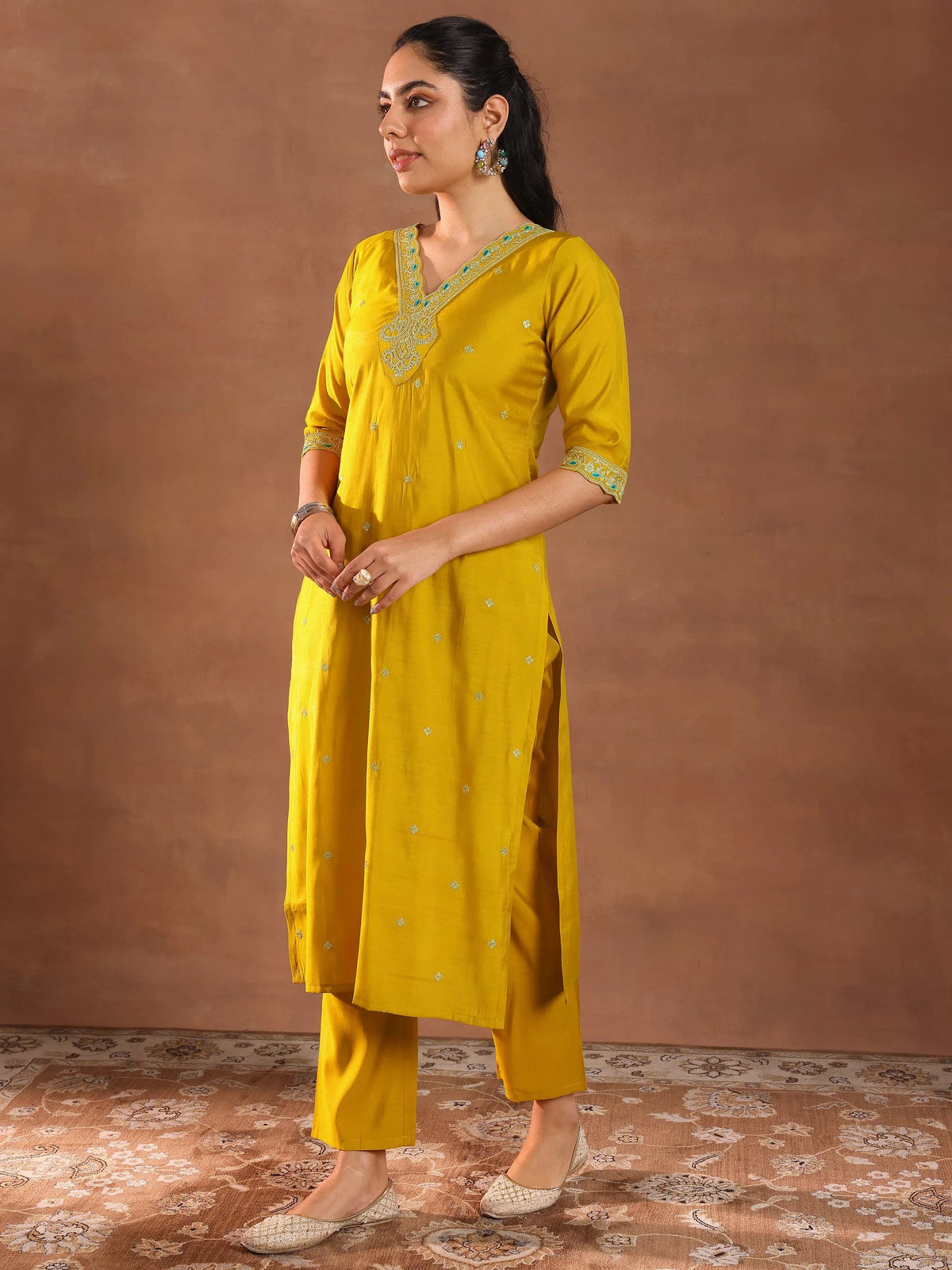 Gerua Mustard Embroidered Silk Blend Straight Suit With Dupatta