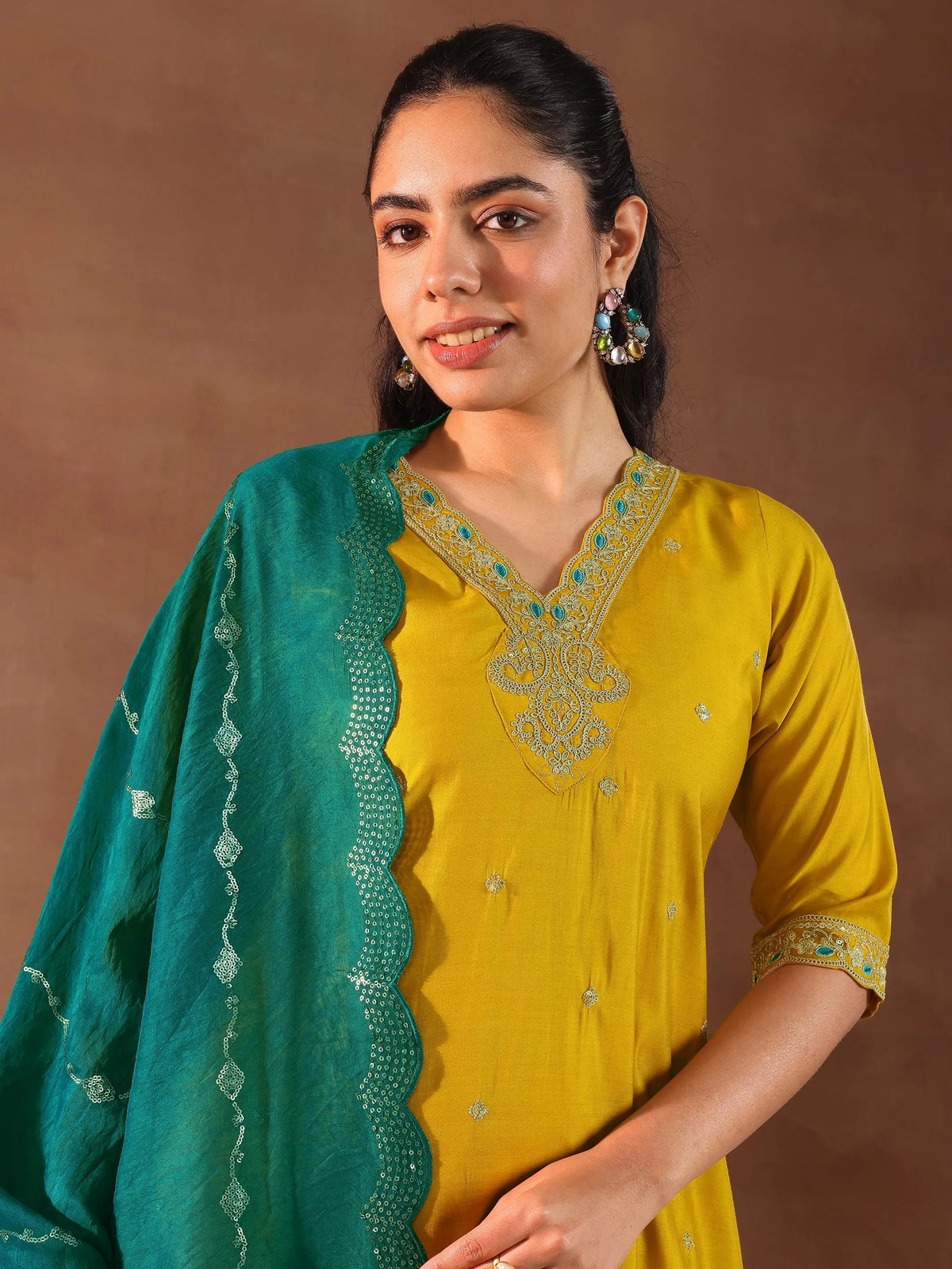 Gerua Mustard Embroidered Silk Blend Straight Suit With Dupatta
