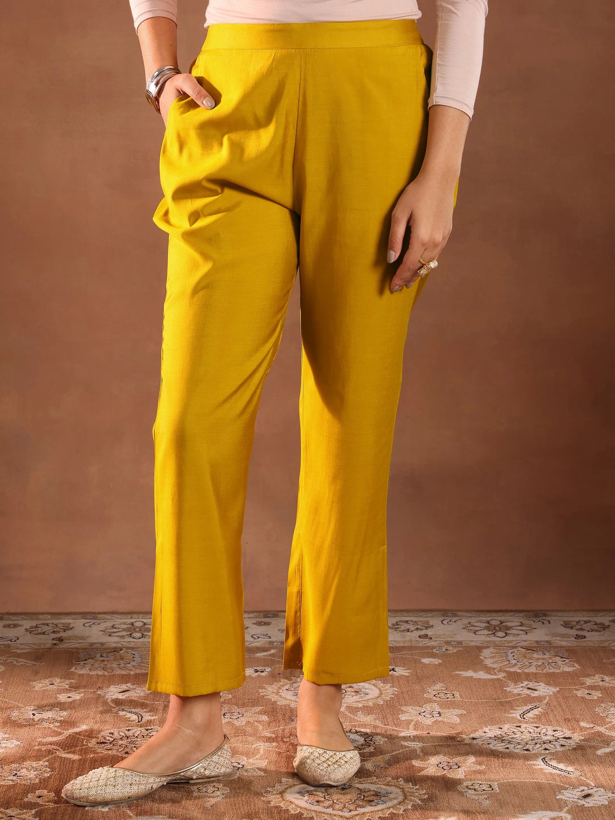 Gerua Mustard Embroidered Silk Blend Straight Suit With Dupatta
