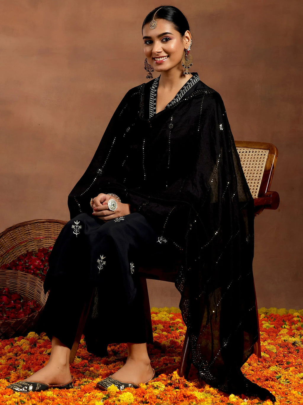 Gerua Black Embroidered Silk Blend Straight Suit With Dupatta