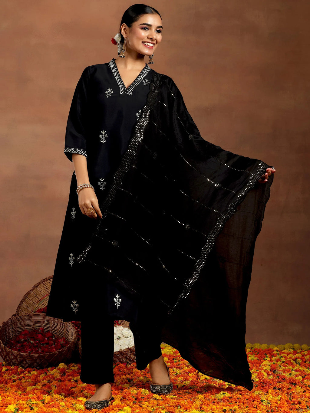 Gerua Black Embroidered Silk Blend Straight Suit With Dupatta
