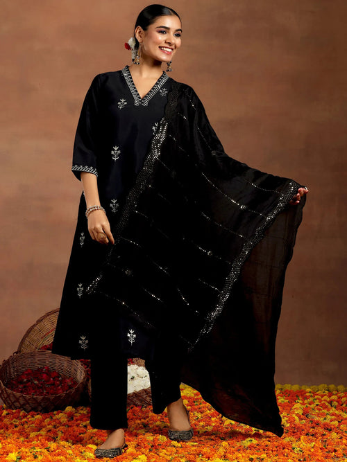 Gerua Black Embroidered Silk Blend Straight Suit With Dupatta