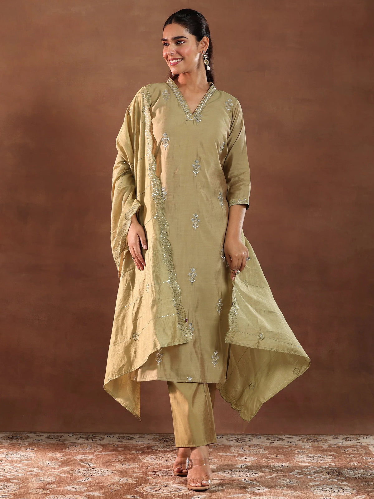 Gerua Golden Embroidered Silk Blend Straight Suit With Dupatta