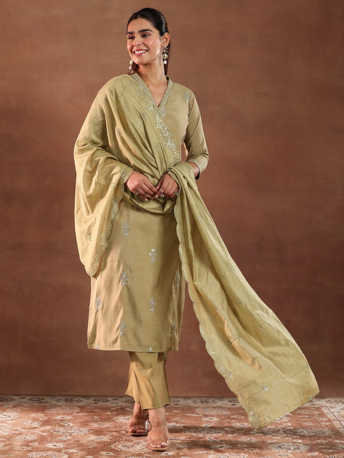 Gerua Golden Embroidered Silk Blend Straight Suit With Dupatta