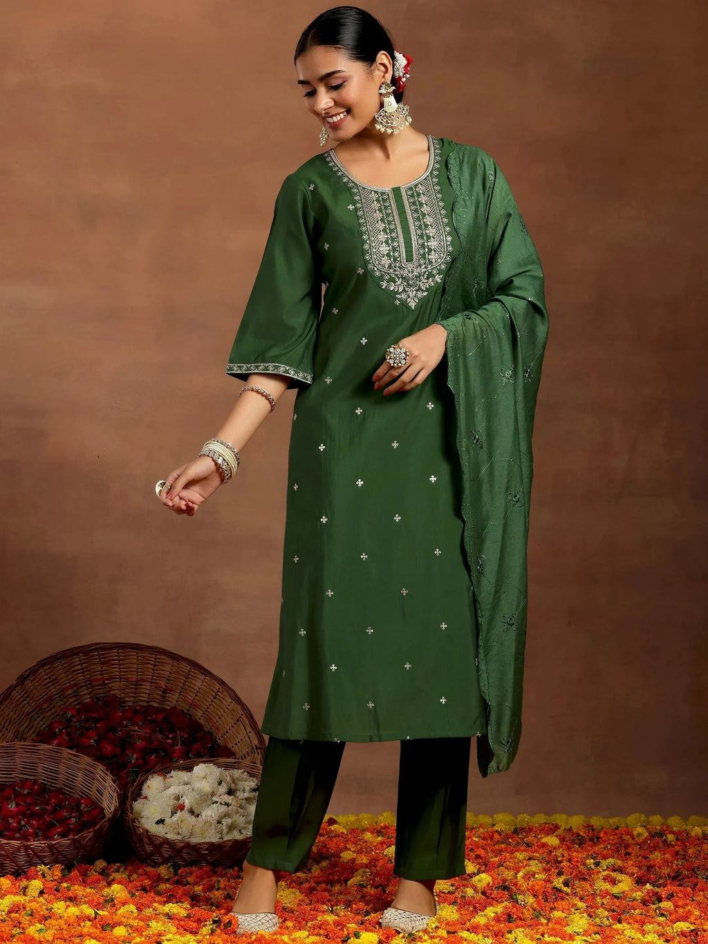 Gerua Green Embroidered Silk Blend Straight Suit With Dupatta