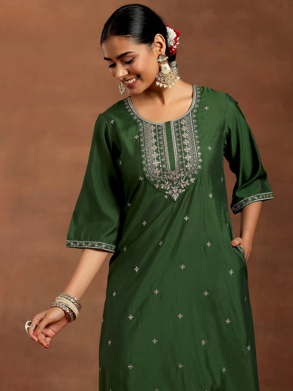 Gerua Green Embroidered Silk Blend Straight Suit With Dupatta