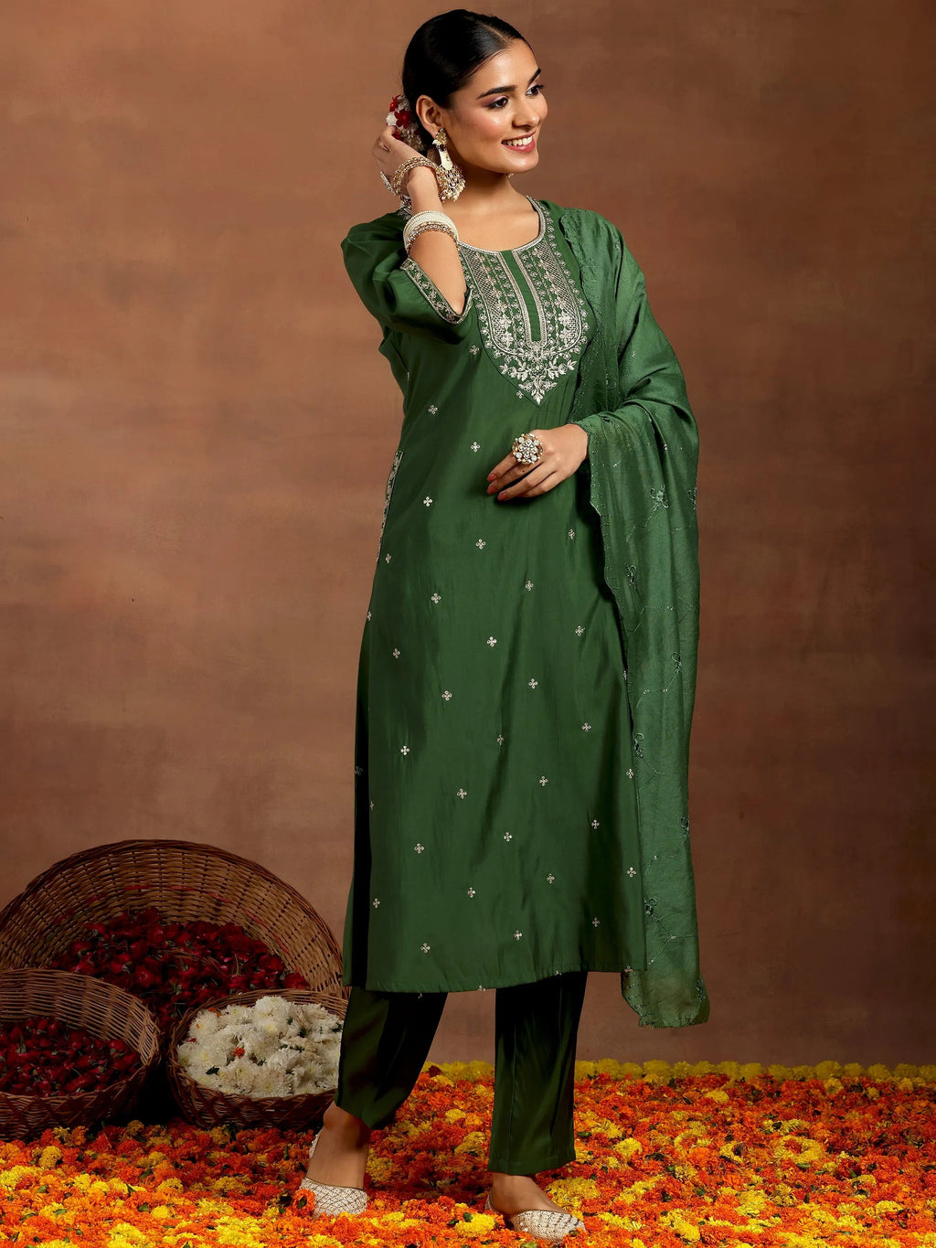 Gerua Green Embroidered Silk Blend Straight Suit With Dupatta