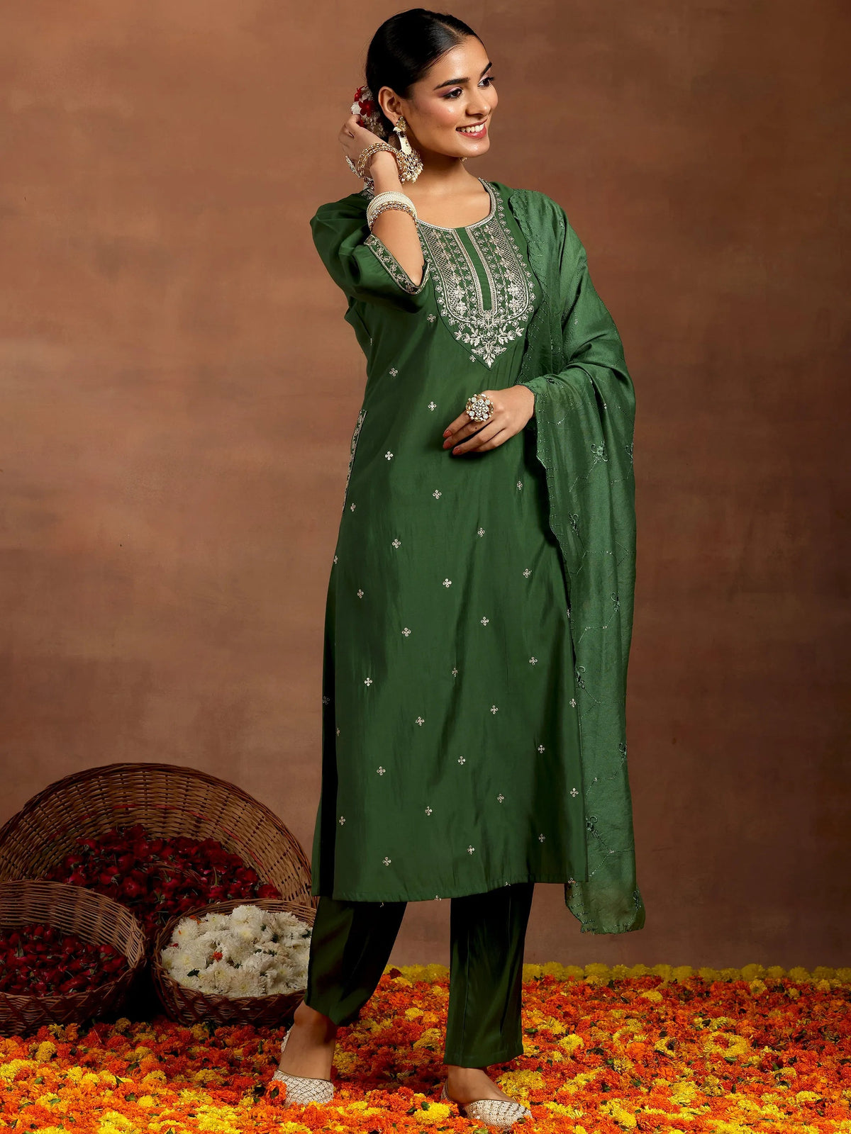 Gerua Green Embroidered Silk Blend Straight Suit With Dupatta