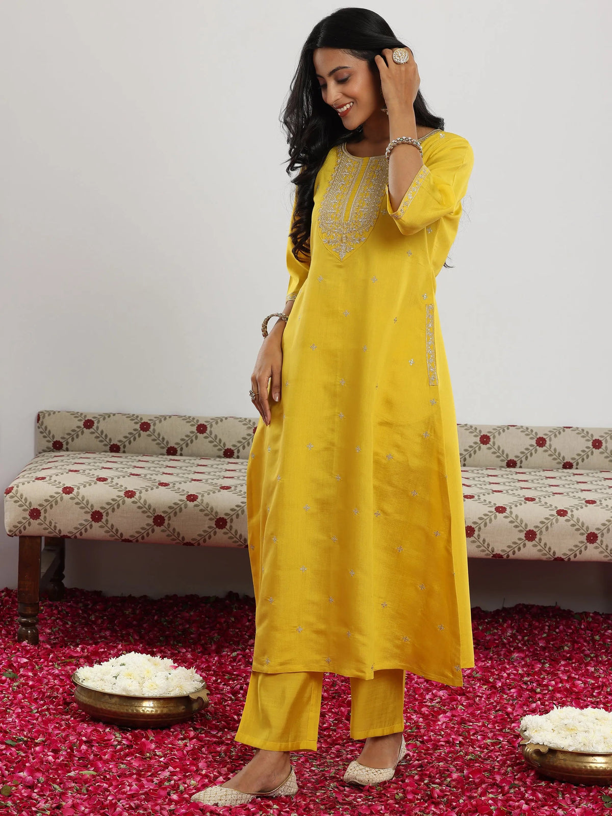 Gerua Yellow Embroidered Silk Blend Straight Suit With Dupatta