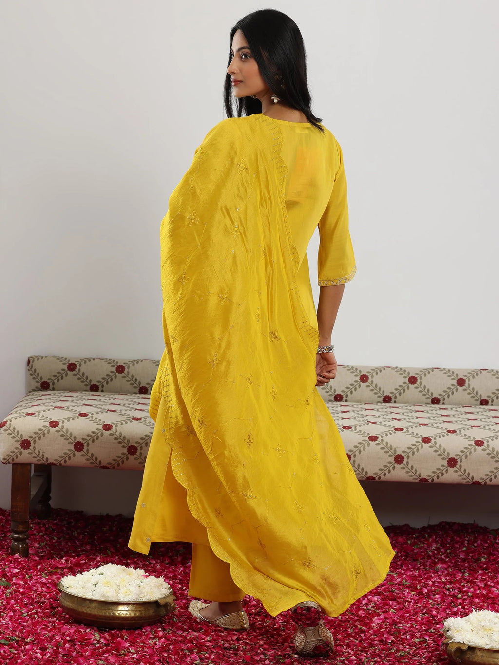 Gerua Yellow Embroidered Silk Blend Straight Suit With Dupatta